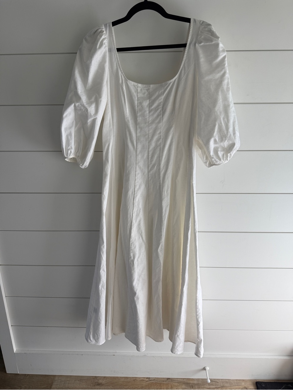 STAUD White Puff-Sleeve Midi Dress with Scoop Neck